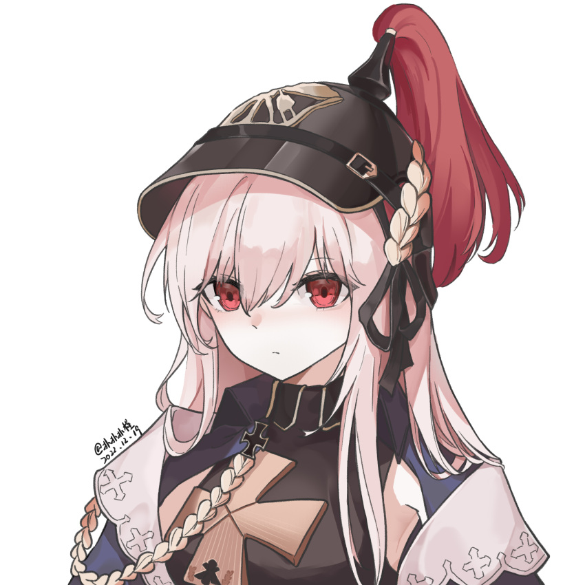 1girl aiguillette black_dress black_ribbon closed_mouth combat_helmet commentary_request cross dated dress girls'_frontline hair_between_eyes hair_ribbon helmet highres iron_cross kar98k_(girls'_frontline) kar98k_(mod3)_(girls'_frontline) long_hair looking_at_viewer pickelhaube red_eyes ribbon sakatakin signature simple_background solo upper_body white_background white_hair