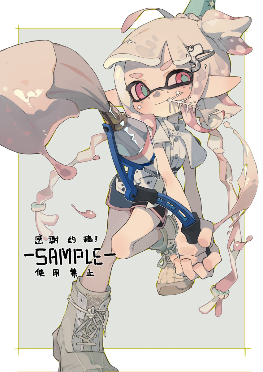 1girl black_shorts boots border braid buttons closed_mouth commentary_request facial_mark fish_bone gradient_hair green_headwear green_pupils grey_background grey_footwear hair_ornament hair_scrunchie hairclip hat highres holding holding_paintbrush inkbrush_(splatoon) inkling inkling_girl leg_up long_hair looking_at_viewer mouth_hold multicolored_hair outside_border p-pepper paint paintbrush pink_eyes pink_hair pointy_ears sample_watermark scrunchie shirt shoelaces short_shorts shorts sidelocks simple_background smile smirk solo splatoon_(series) star_(symbol) star_facial_mark suction_cups tentacle_hair thick_eyebrows twin_braids v-shaped_eyebrows very_long_hair watermark white_border white_hair white_scrunchie white_shirt