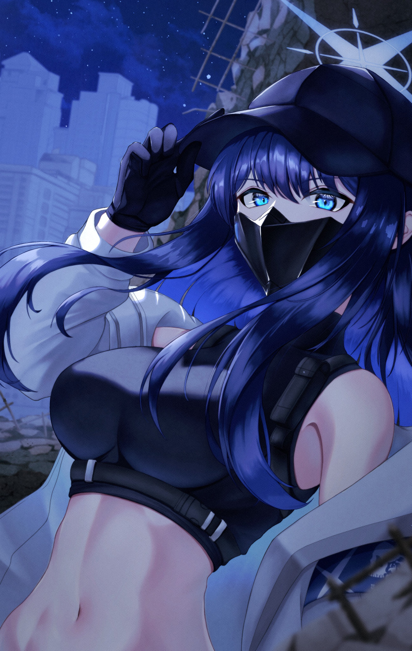 1girl absurdres bare_shoulders baseball_cap blue_archive blue_eyes blue_hair blue_headwear blue_shirt building coat commentary_request crop_top hat highres long_hair mask midriff mouth_mask navel night night_sky off_shoulder oparusu open_clothes open_coat outdoors saori_(blue_archive) shirt sky sleeveless sleeveless_shirt solo stomach upper_body white_coat