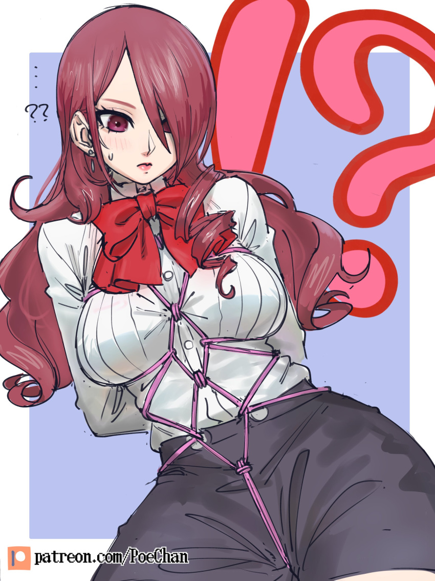 !? ... ? ?? absurdres arms_behind_back bdsm black_skirt blue_background bondage border bound bow bowtie breasts curly_hair earrings highres jewelry kirijou_mitsuru light_blush long_hair long_sleeves medium_breasts patreon_logo patreon_username persona persona_3 pink_rope pleated_shirt poechan_chan red_eyes red_hair rope shibari shibari_over_clothes simple_background skirt sweatdrop white_border