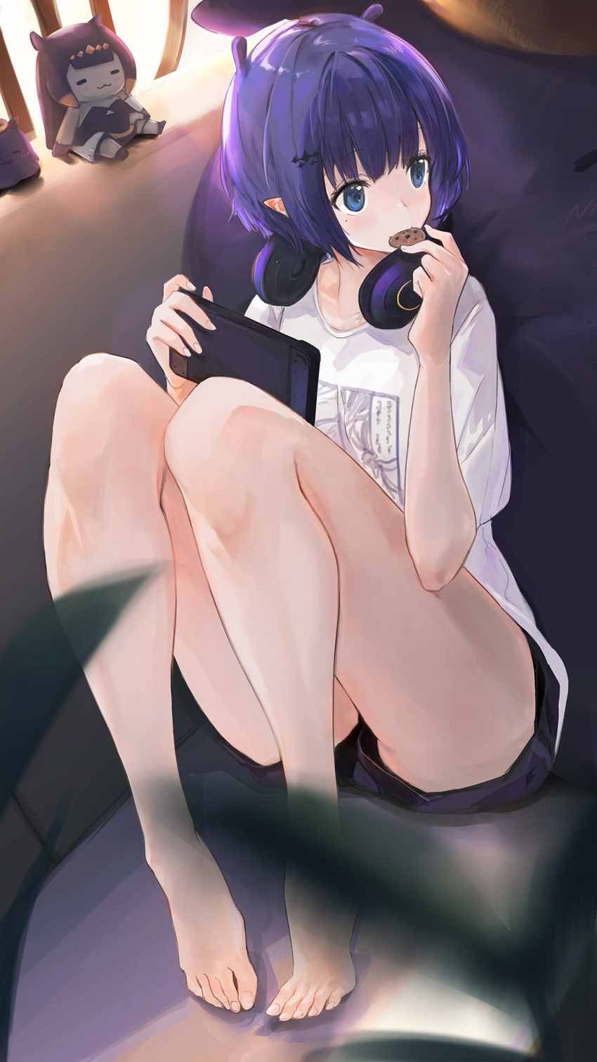 1girl barefoot black_shorts blue_eyes character_doll cookie food headphones headphones_around_neck highres hololive hololive_english mole mole_under_eye ninomae_ina'nis ninomae_ina'nis_(5th_costume) nintendo_switch_lite pointy_ears purple_hair shirt short_hair shorts sitting takodachi_(ninomae_ina'nis) tallgeese_(lgeesel) virtual_youtuber white_shirt