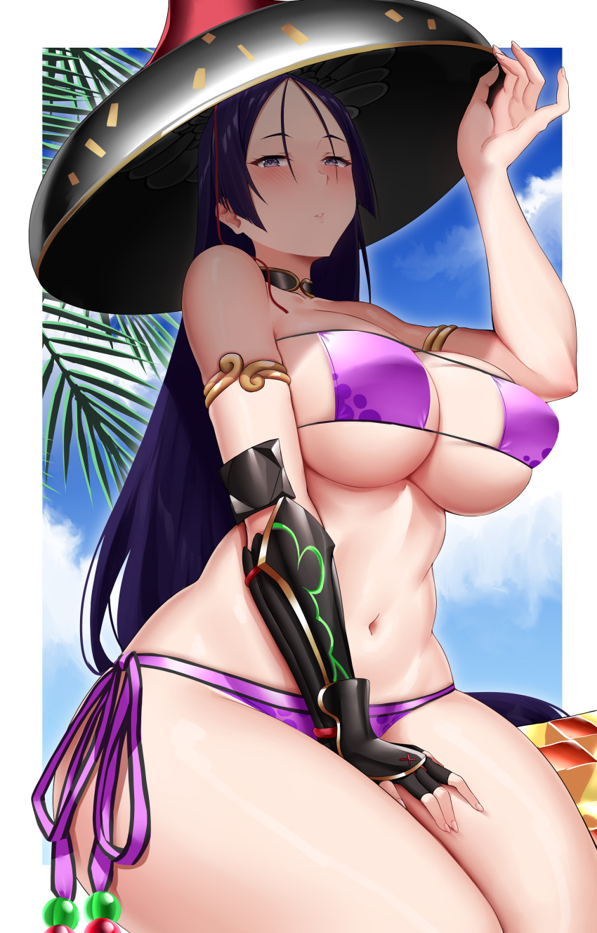 1girl arind_yudha bikini black_gloves black_headwear blush breasts day fate/grand_order fate_(series) fingerless_gloves gloves highres large_breasts long_hair looking_at_viewer minamoto_no_raikou_(fate) minamoto_no_raikou_(swimsuit_lancer)_(fate) outdoors parted_lips purple_bikini purple_eyes purple_hair side-tie_bikini_bottom single_glove solo swimsuit thighs underboob