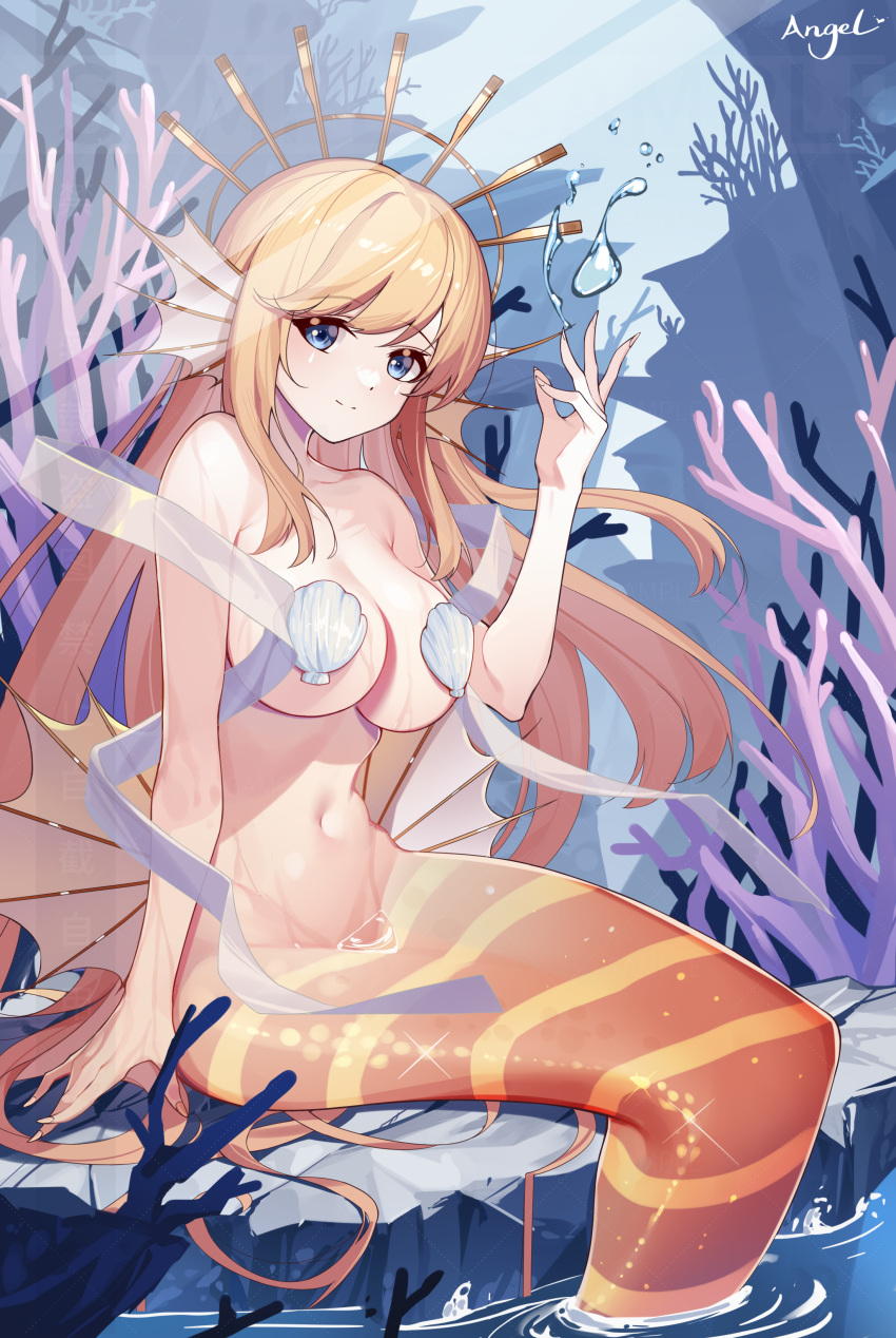 1girl absurdres air_bubble blonde_hair blush breasts bubble closed_mouth collarbone fins head_fins highres large_breasts lc_angel long_hair looking_at_viewer navel original shell shell_bikini sitting smile solo wading water