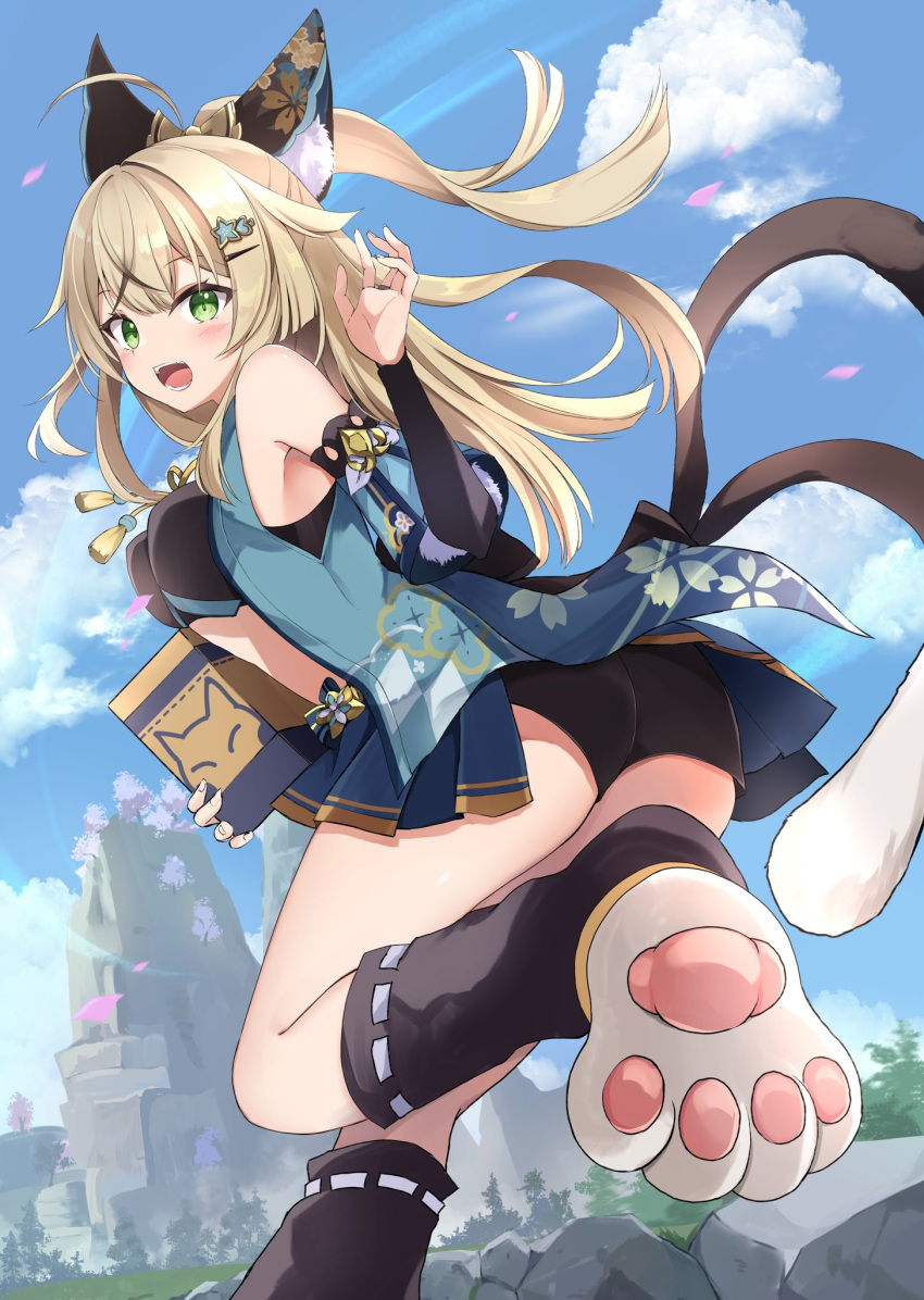 1girl ahoge animal_ears aqua_vest ass black_leg_warmers black_shorts black_tank_top blonde_hair blue_sky box cardboard_box cat_ears cat_feet cat_girl cat_tail cliff cloud crop_top detached_sleeves food_delivery_box from_behind genshin_impact green_eyes hair_ornament hairclip hand_up highres holding holding_box hyurasan kirara_(genshin_impact) long_hair long_sleeves looking_at_viewer looking_back multiple_tails nekomata open_mouth outdoors shorts sky smile solo standing standing_on_one_leg tail tank_top tree two_tails upskirt