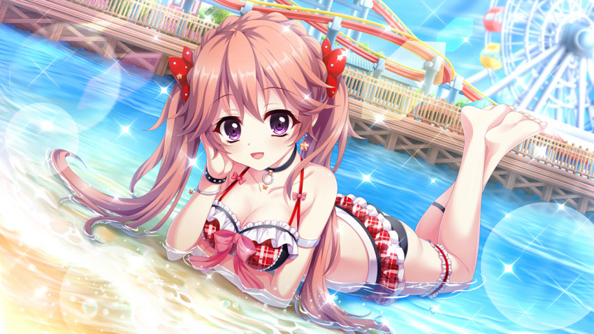 1girl arm_under_breasts beach bikini black_bikini_bottom black_choker black_wristband blue_sky bow braid breasts bridal_garter choker cleavage collarbone crown_braid day dot_nose dutch_angle earrings fence ferris_wheel film_grain frilled_bikini frills game_cg haeno_akari hair_bow hand_on_own_face izumi_tsubasu jewelry large_breasts lens_flare lying non-circular_lens_flare non-web_source ocean official_art on_ground on_stomach open_mouth orange_hair outdoors partially_submerged pier pink_bow plaid plaid_bikini plaid_skirt purple_eyes re:stage! red_bow roller_coaster skirt sky smile soles solo sparkle star_(symbol) swimsuit the_pose twintails