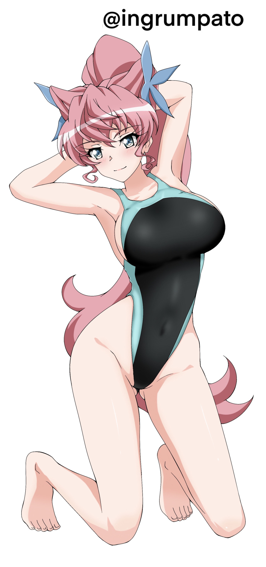 1girl absurdres armpits arms_behind_head ass_visible_through_thighs black_one-piece_swimsuit breasts competition_swimsuit covered_navel full_body groin highleg highleg_swimsuit highres kneeling kyomeihibiki large_breasts light_blush long_hair looking_at_viewer maria_cadenzavna_eve one-piece_swimsuit pink_hair senki_zesshou_symphogear solo swimsuit toes very_long_hair