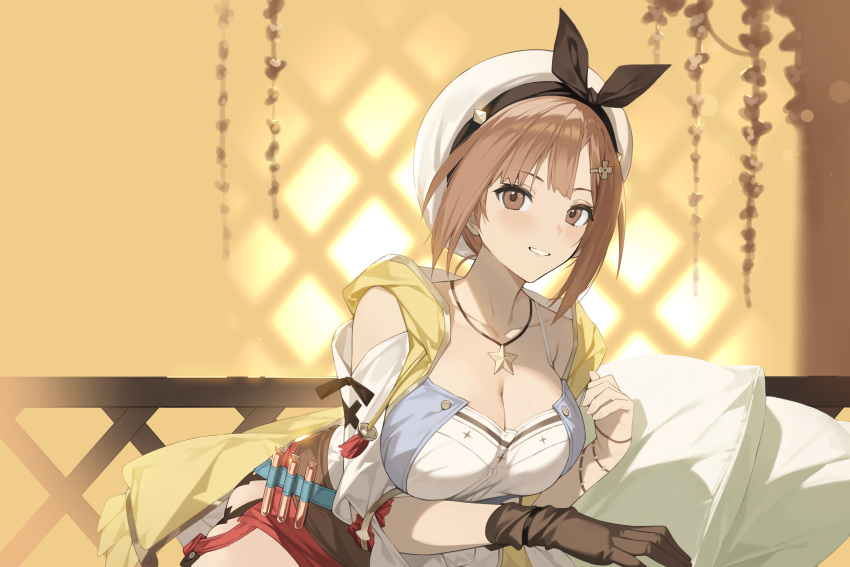 1girl absurdres atelier_(series) atelier_ryza atelier_ryza_1 bare_shoulders beret black_ribbon blush breasts brown_eyes brown_gloves brown_hair camisole cleavage collarbone detached_sleeves gloves grin hair_ornament hairclip hat highres jewelry large_breasts looking_at_viewer necklace red_shorts reisalin_stout ribbon short_hair short_shorts shorts single_glove smile solo star_(symbol) star_necklace vest white_camisole white_headwear yellow_vest yykuaixian