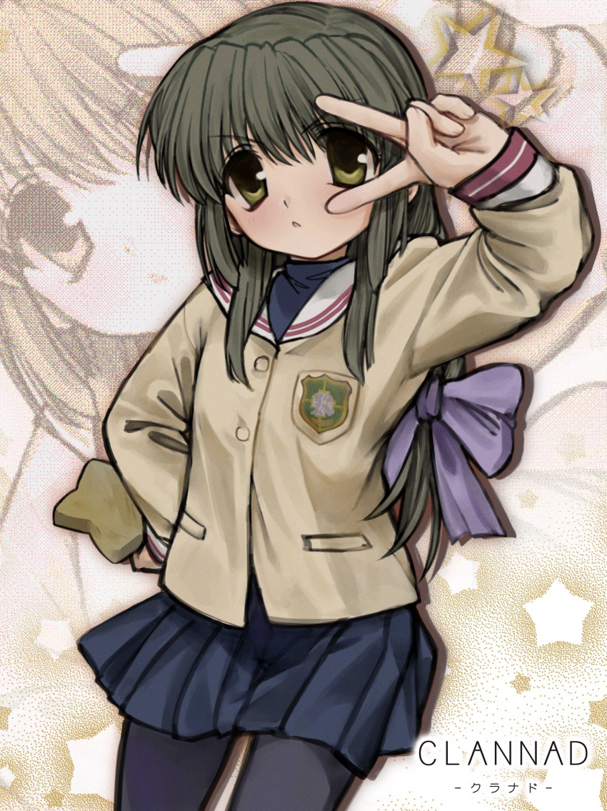 1girl black_pantyhose bow clannad emblem green_eyes green_hair hair_bow highres hikarizaka_private_high_school_uniform holding holding_star ibuki_fuuko jacket long_hair looking_at_viewer pantyhose pleated_skirt sailor_collar school_uniform skirt solo star_(symbol) uee_m v v_over_eye white_sailor_collar zoom_layer