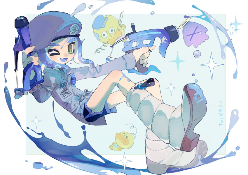 1girl ;d badge beret black_shorts blue_background blue_hair blue_tongue blush boots border brown_pupils button_badge collared_shirt colored_tongue commentary_request dapple_dualies_(splatoon) dual_wielding fangs gift_art green_eyes grey_shirt gun halo hand_up hat highres holding holding_gun holding_weapon inkling inkling_girl jacket knee_boots long_sleeves looking_at_viewer medal one_eye_closed open_mouth outside_border p-pepper paint paint_splatter paint_splatter_on_face purple_eyes purple_headwear purple_jacket shirt short_hair short_shorts shorts sidelocks simple_background smile solo sparkle splatoon_(series) stuffed_animal stuffed_bird stuffed_toy tentacle_hair thick_eyebrows weapon white_border white_footwear zipper zipper_pull_tab
