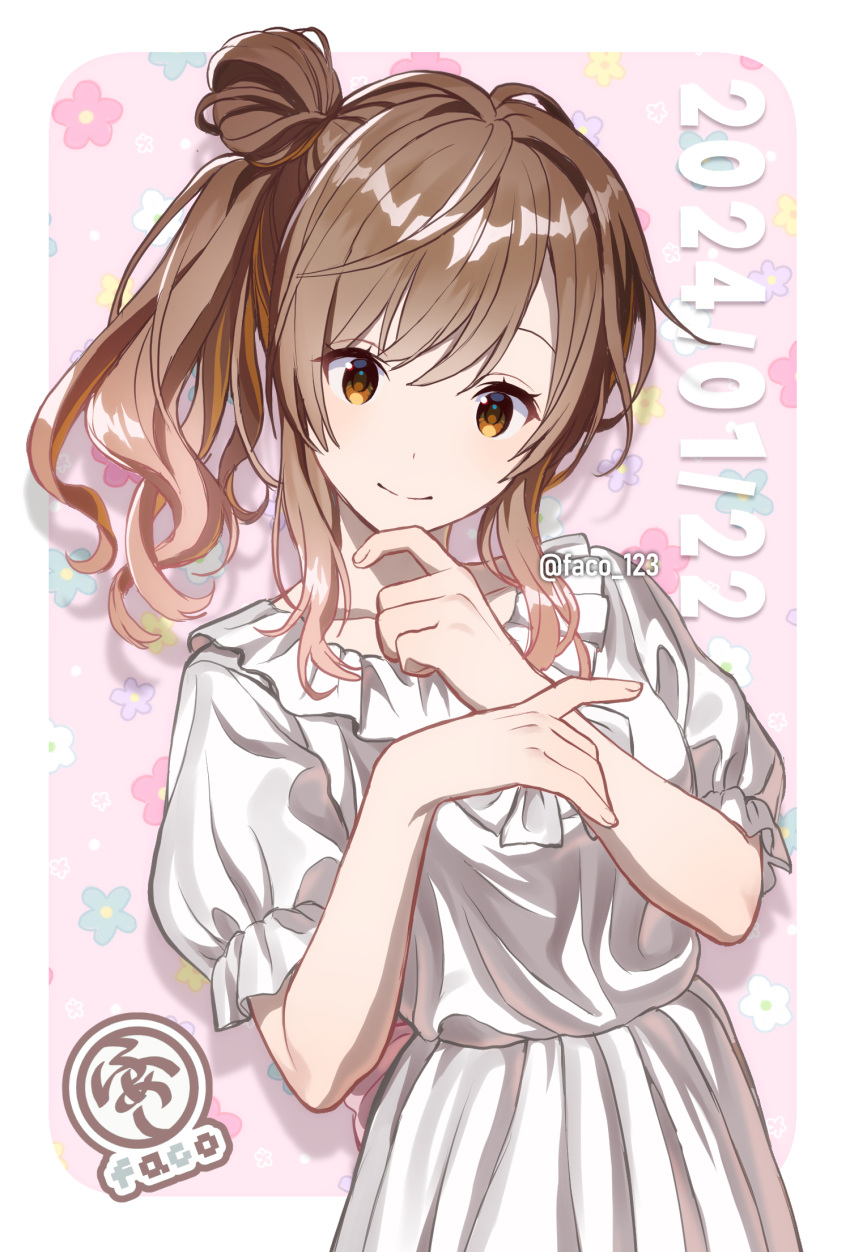 1girl artist_logo border brown_eyes brown_hair cevio collarbone commentary_request cowboy_shot dated dress faco finger_to_own_chin floral_background hair_bun hands_up head_tilt highres long_hair looking_at_viewer outside_border pink_background puffy_short_sleeves puffy_sleeves satou_sasara short_sleeves side_ponytail single_side_bun solo standing twitter_username white_border white_dress