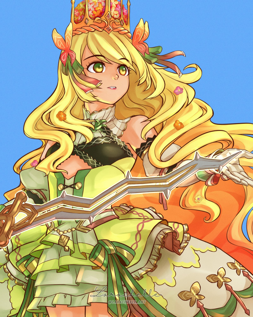 1girl bow butterfly_hair_ornament celine_(fire_emblem) cross-laced_clothes cross-laced_dress crown dress dress_bow facial_mark fire_emblem fire_emblem_engage green_eyes hair_ornament heart heart_facial_mark highres larachelle levin_sword long_hair orange_bow orange_gemstone orange_wristband princess twitch_logo very_long_hair wrist_bow yellow_dress