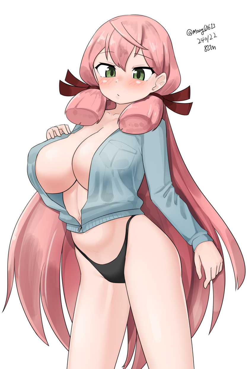 1girl absurdres akashi_(kancolle) alternate_costume bikini black_bikini blue_jacket blunt_tresses blush breasts cleavage closed_mouth commentary_request cowboy_shot dated green_eyes hair_ribbon highres jacket kantai_collection large_breasts long_hair long_sleeves maru_(marg0613) navel one-hour_drawing_challenge partially_unzipped pink_hair ribbon simple_background solo swimsuit tress_ribbon twitter_username very_long_hair white_background