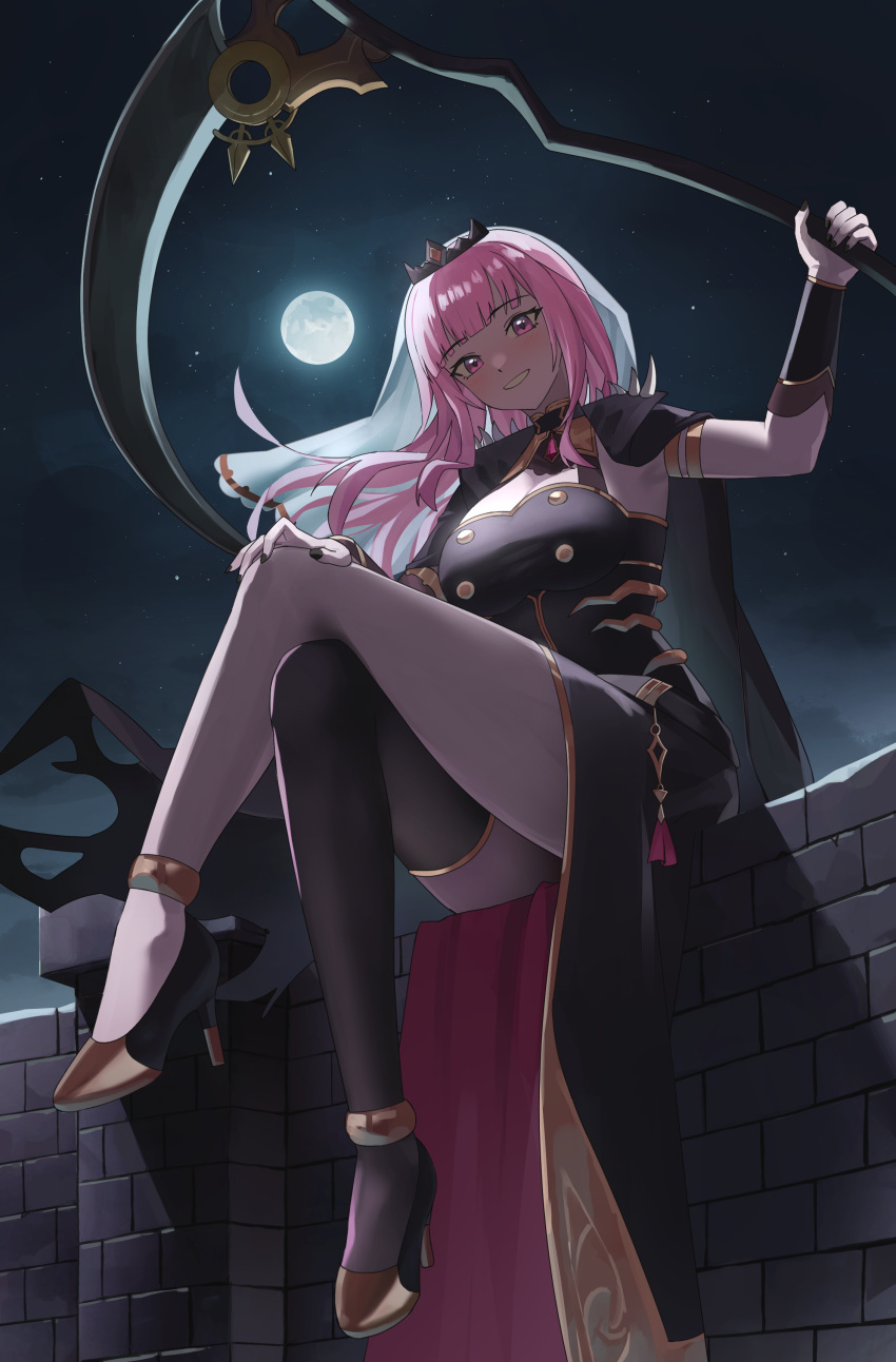 1girl absurdres black_cape black_dress black_nails black_thighhighs blunt_bangs blush breasts cape cleavage crossed_legs dress full_moon highres holding holding_scythe hololive hololive_english large_breasts looking_at_viewer moon mori_calliope mori_calliope_(1st_costume) nail_polish night night_sky pearlbbbb pink_hair red_eyes scythe sidelocks single_thighhigh sky sleeveless sleeveless_dress smile solo spiked_cape thighhighs veil virtual_youtuber