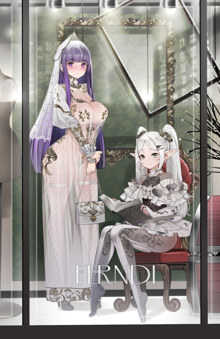 2girls :t absurdres alternate_costume bag blunt_bangs blunt_ends blur_censor blush bodysuit book breasts bridal_veil censored contemporary dress drop_earrings dummy earrings elf fern_(sousou_no_frieren) frieren from_outside full_body green_eyes grey_hair highres holding holding_bag holding_book holding_own_wrist jewelry large_breasts long_hair looking_at_viewer mimic multiple_girls nose_blush patterned_clothing picture_frame pointy_ears polka_dot polka_dot_dress purple_eyes purple_hair see-through see-through_bodysuit see-through_dress sitting sousou_no_frieren standing teddy_(khanshin) twintails veil very_long_hair