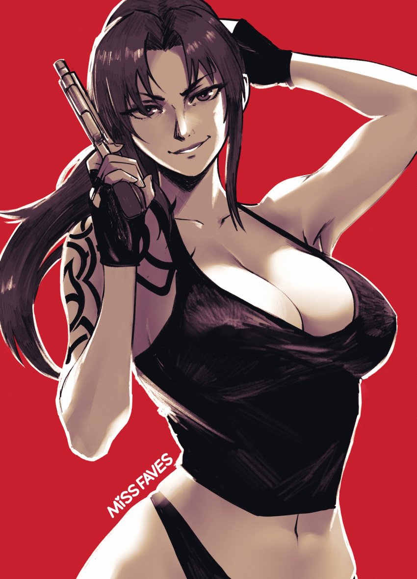 1girl arm_up artist_name black_gloves black_lagoon black_vest breasts cleavage fingerless_gloves gloves gun hand_on_own_head highres holding holding_gun holding_weapon large_breasts looking_at_viewer miss_faves red_background revy_(black_lagoon) smile solo tattoo upper_body vest weapon