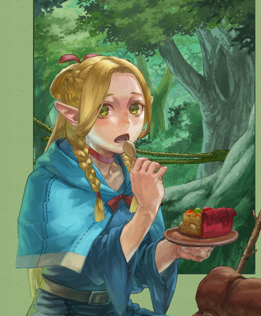 1girl absurdres backpack bag belt blonde_hair blue_capelet blue_robe braid capelet choker dungeon_meshi eating elf food forest french_braid green_eyes hair_ribbon hands_up highres holding holding_plate holding_spoon hood hood_down hooded_capelet long_hair long_sleeves looking_at_viewer marcille_donato multiple_braids nature open_mouth outside_border parted_bangs pie pie_slice plate pointy_ears red_ribbon ribbon robe rope side_braid solo spoon tree unworn_backpack unworn_bag wooden_plate wooden_spoon yomoyama_yotabanashi