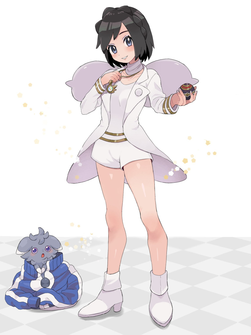 1boy black_hair blue_jacket blush calem_(pokemon) checkered_floor coat commentary_request cosplay diantha_(pokemon) diantha_(pokemon)_(cosplay) espurr full_body highres holding holding_poke_ball jacket jewelry knees legs luxury_ball male_focus necklace open_clothes open_coat parted_lips poke_ball pokemon pokemon_(creature) pokemon_xy sana_(37pisana) shiny_skin shirt shoes short_hair shorts smile standing white_coat white_footwear white_shirt white_shorts