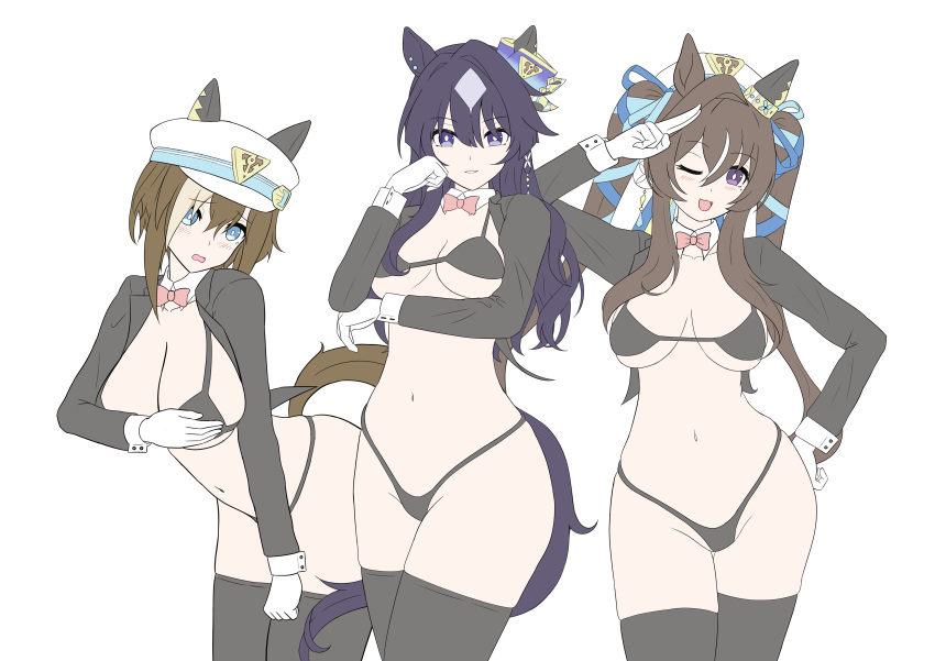 3girls absurdres alternate_costume blue_hair breasts brown_hair cheval_grand_(umamusume) commentary dark_blue_hair dewanewbie earrings embarrassed hat highres horse_girl jewelry large_breasts long_hair looking_at_viewer medium_breasts multiple_girls navel one_eye_closed open_mouth purple_eyes siblings simple_background single_earring sisters symbol-only_commentary thighhighs umamusume v_sisters verxina_(umamusume) vivlos_(umamusume) white_background