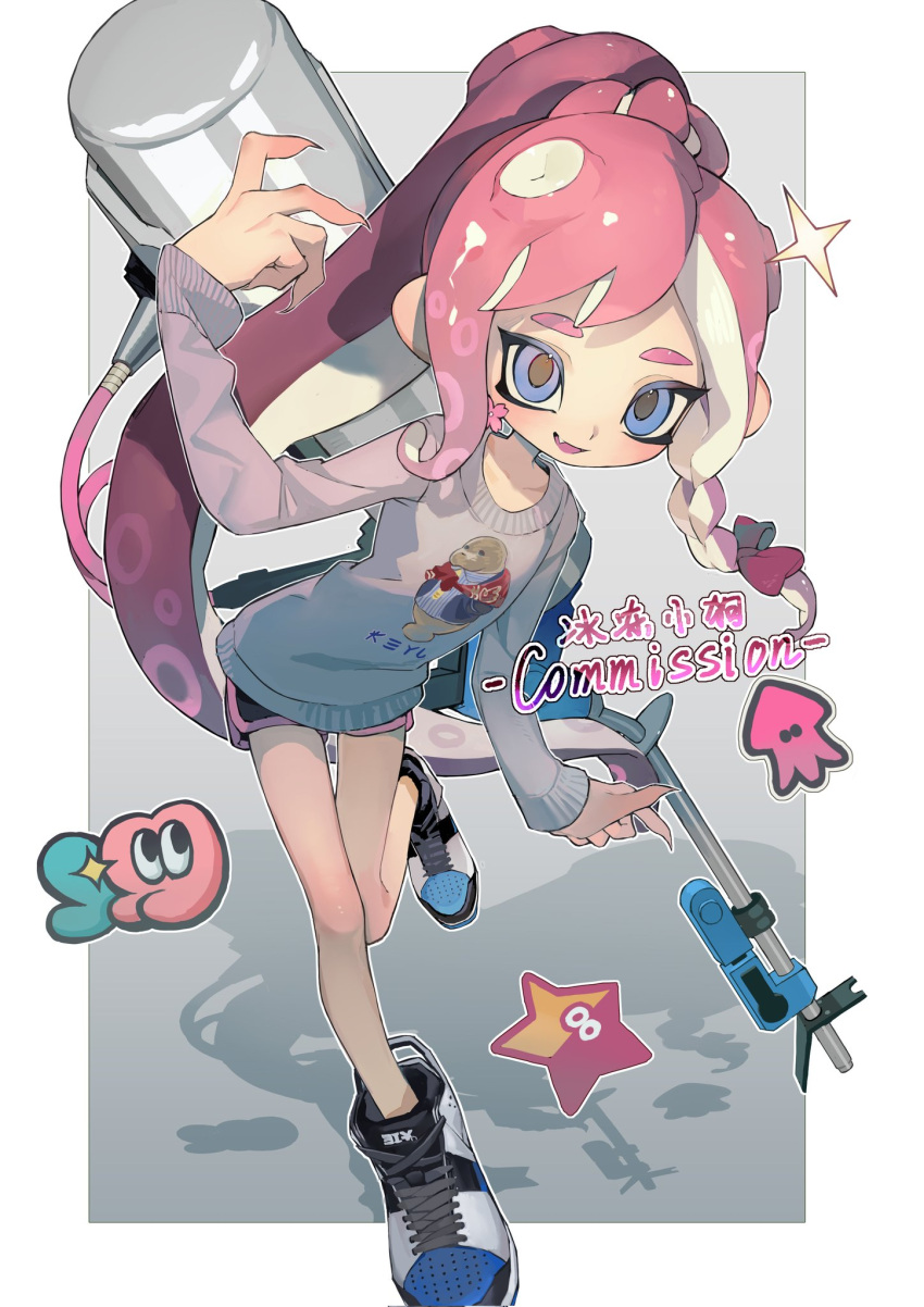 1girl :d arm_up black_shorts blue_eyes blue_footwear blush border braid commentary e-liter_4k_(splatoon) english_commentary fang gradient_hair grey_background grey_sweater gun high_ponytail highres holding holding_gun holding_weapon leg_up long_hair long_sleeves looking_at_viewer multicolored_hair octoling octoling_girl open_mouth outside_border p-pepper parted_bangs pink_hair ponytail print_sweater purple_hair shadow shoelaces shoes short_shorts shorts side_braid sidelocks simple_background single_braid smile sneakers solo sparkle splatoon_(series) star_(symbol) sticker suction_cups sweater tentacle_hair thick_eyebrows very_long_hair weapon white_border white_footwear