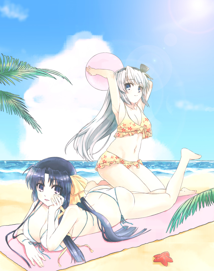 2girls alternate_costume arms_up ass back ball barefoot beach beachball bikini black_eyes black_hair black_hairband blanket blue_eyes blue_sky blunt_ends breasts clannad cleavage closed_mouth commentary company_connection crossover curvy day eyes_visible_through_hair floral_print foot_up front-tie_bikini_top front-tie_top full_body grey_hair hair_ribbon hair_spread_out hairband halterneck hand_up head_rest highres holding holding_ball holding_beachball key_(company) kneeling kurugaya_yuiko large_breasts light_blush little_busters! long_hair looking_at_viewer lying multiple_girls natsuoto_rito navel ocean on_stomach open_mouth outdoors palm_leaf parted_bangs ribbon sakagami_tomoyo side-tie_bikini_bottom sidelocks sky smile straight_hair swimsuit the_pose very_long_hair white_bikini yellow_bikini yellow_ribbon