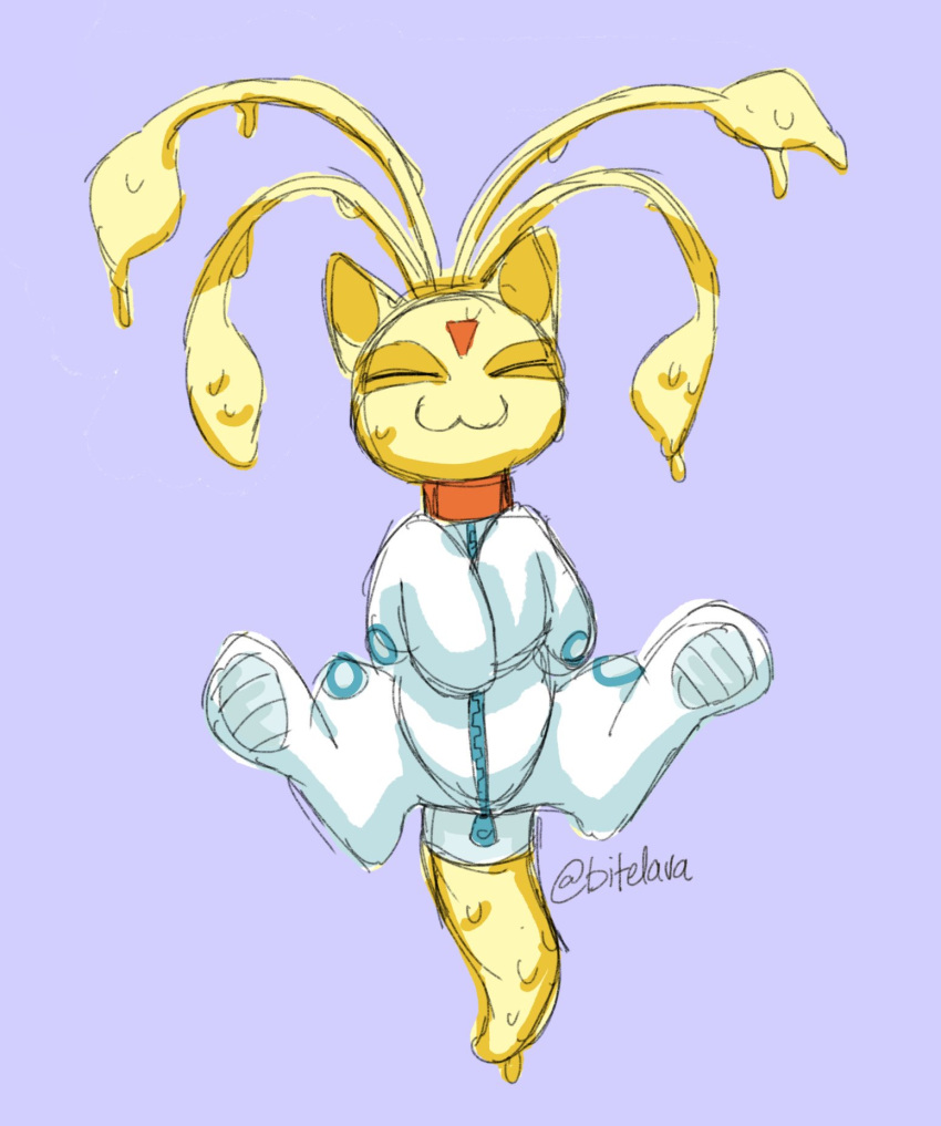 :3 aisha_(neopets) ambiguous_gender astronaut bitelava collar feral hi_res jumpstart_games neopet_(species) neopets orange_collar slime solo yellow_body