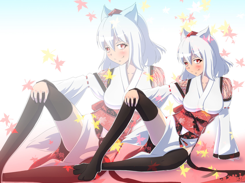 animal_ears autumn_leaves bad_id bad_pixiv_id black_legwear blush breasts collarbone detached_sleeves fang gradient gradient_background hat inubashiri_momiji kourindou_tengu_costume large_breasts leaf looking_at_viewer marusan pelvic_curtain red_eyes short_hair silver_hair smile solo tail tokin_hat touhou wolf_ears wolf_tail zoom_layer