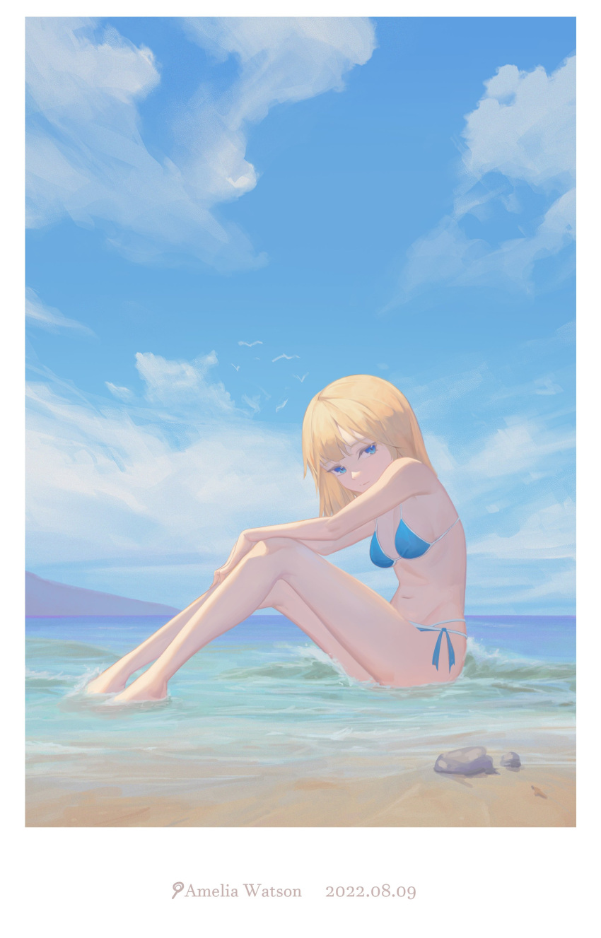 1girl absurdres bare_arms bare_legs bare_shoulders barefoot beach bikini blonde_hair blue_bikini blue_eyes blue_sky border breasts character_name closed_mouth cloud dated day expressionless from_side frost_002 full_body highres hololive hololive_english horizon knees_up looking_at_viewer medium_breasts medium_hair mountain multi-strapped_bikini_bottom navel ocean outdoors rock shore side-tie_bikini_bottom simple_bird sitting sky solo stomach string_bikini swimsuit turning_head virtual_youtuber water watson_amelia white_border