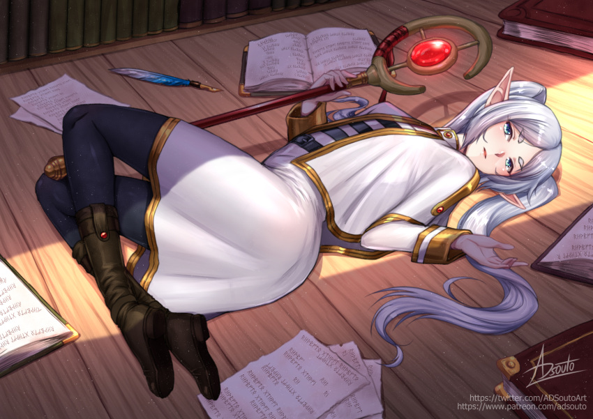 1girl adsouto blue_eyes book boots breasts dress elf frieren full_body grey_hair highres holding holding_staff long_hair looking_at_viewer lying mage_staff on_back pages parted_lips pointy_ears quill signature small_breasts solo sousou_no_frieren staff twintails variant_set white_dress wooden_floor