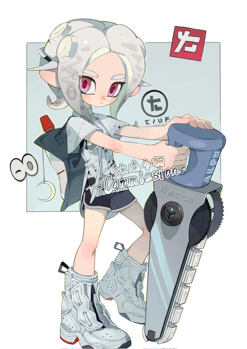 1girl backpack bag black_shorts blush boots buttons closed_mouth commentary_request commission corrupted_twitter_file expressionless forehead gradient_hair grey_background grey_hair highres holding holding_sword holding_weapon looking_at_viewer medium_hair multicolored_hair octoling octoling_girl p-pepper parted_bangs pink_eyes planted shirt short_shorts short_sleeves shorts sidelocks simple_background solo splatana_wiper_(splatoon) splatoon_(series) standing suction_cups sword tentacle_hair thick_eyebrows two-tone_background v-shaped_eyebrows weapon white_background white_footwear white_hair white_shirt