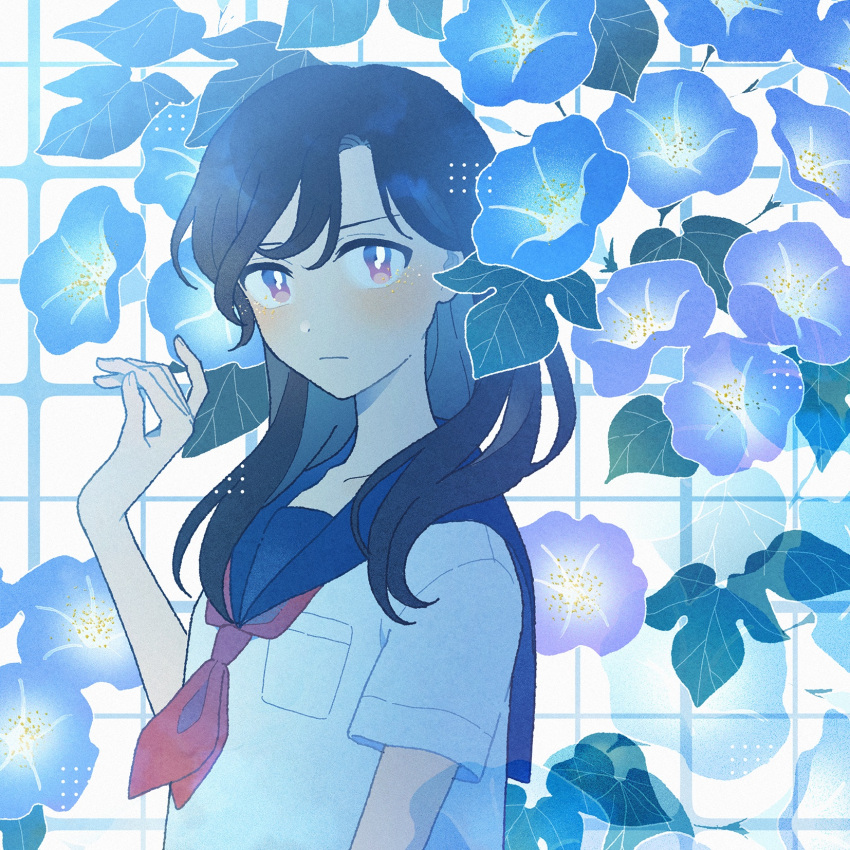 1girl black_hair blue_flower breast_pocket closed_mouth commentary_request fingernails flower grid grid_background hand_up highres leaf light_blush long_hair looking_at_viewer morning_glory nahara_saki neckerchief original pink_eyes plant pocket pollen purple_eyes purple_flower purple_sailor_collar red_neckerchief sailor_collar scowl shirt short_sleeves solo staring turning_head upper_body white_shirt