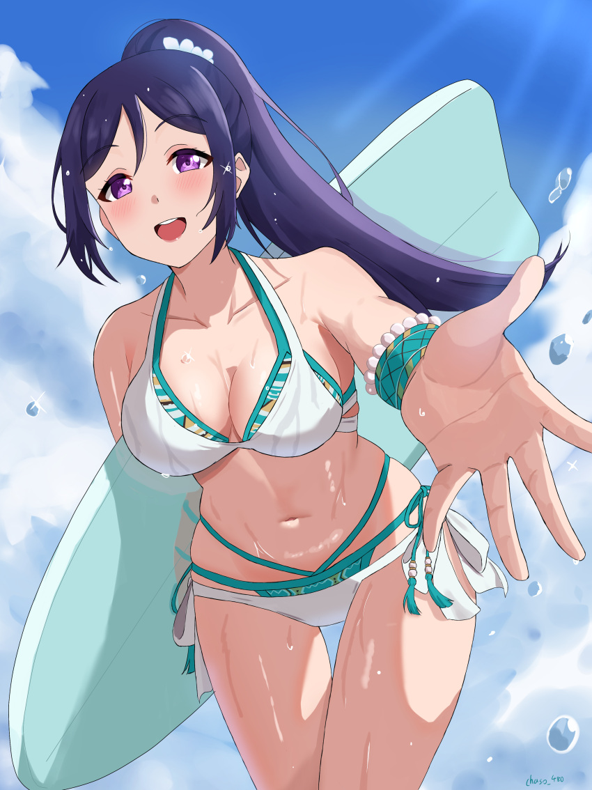 1girl absurdres artist_name bare_shoulders bead_bracelet beads bikini blue_hair blue_sky blush bracelet breasts chaso_(480) cleavage cloud collarbone commentary_request day hair_between_eyes high_ponytail highres holding holding_surfboard jewelry layered_bikini long_hair looking_at_viewer love_live! love_live!_sunshine!! matsuura_kanan medium_breasts navel ocean official_alternate_costume open_hand open_mouth outdoors outstretched_arm outstretched_hand ponytail purple_eyes reaching reaching_towards_viewer side-tie_bikini_bottom sidelocks signature skindentation sky solo splashing standing stomach strap_gap string_bikini surfboard swimsuit teeth tongue upper_teeth_only water water_drop wet wet_hair white_bikini