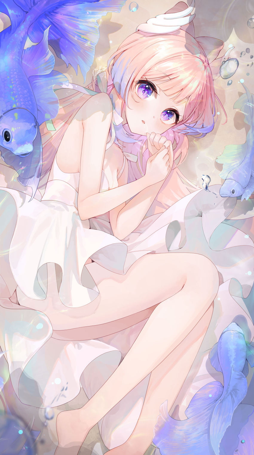 1girl absurdres air_bubble bare_legs bare_shoulders barefoot blue_hair bow-shaped_hair breasts bubble cleavage colored_tips commentary_request curled_up dress fish foot_out_of_frame genshin_impact hands_up highres horns long_hair looking_at_viewer multicolored_hair open_mouth pink_hair pistachiocream purple_eyes sangonomiya_kokomi signature sleeveless sleeveless_dress solo spaghetti_strap white_dress white_horns
