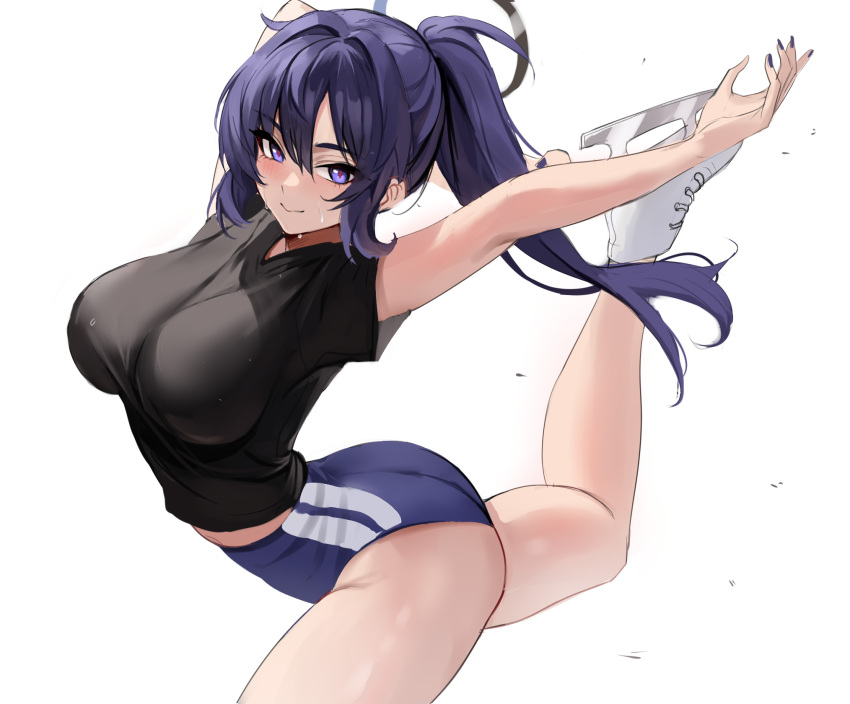 1girl ass black_shirt blue_archive blue_buruma blush breasts buruma closed_mouth halo highres large_breasts long_hair mechanical_halo navel ponytail purple_eyes purple_hair shirt solo stone_(ksorede) thighs yuuka_(blue_archive)