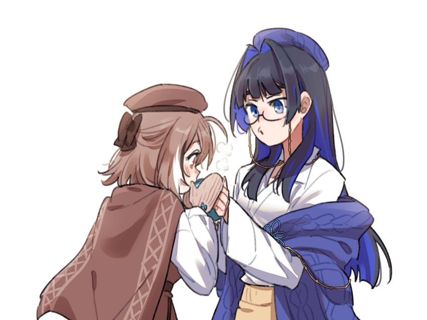 2girls ahoge beret blue_coat blue_eyes blunt_bangs breath brmameng brown_cape brown_dress brown_eyes brown_hair cape coat colored_inner_hair dress eyewear_strap glasses hair_intakes hashtag_only_commentary hat highres hime_cut hololive hololive_english long_hair mittens multicolored_hair multiple_girls nanashi_mumei official_alternate_costume official_alternate_hairstyle ouro_kronii ribbon round_eyewear shirt short_hair very_long_hair virtual_youtuber white_shirt