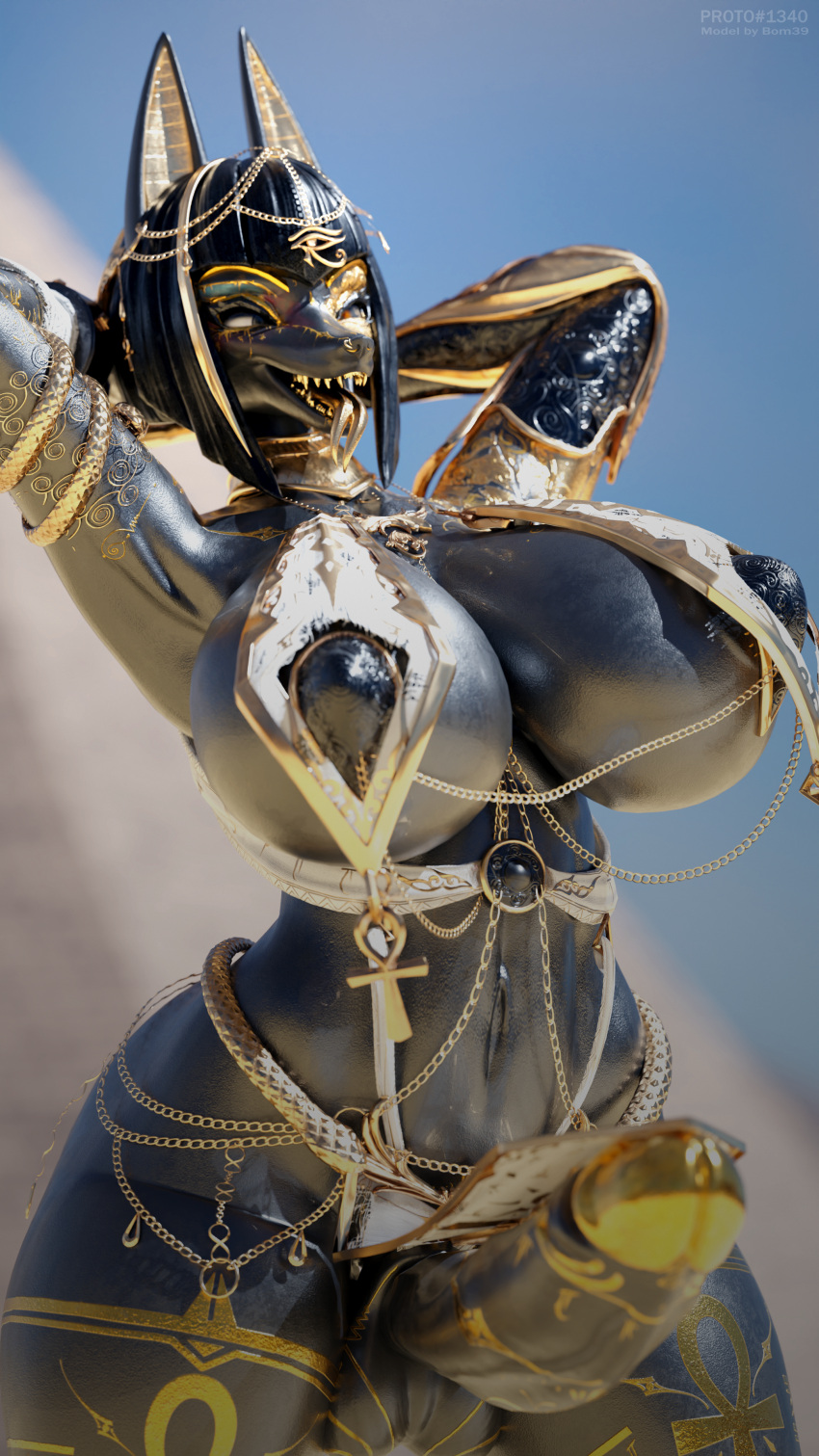 3d_(artwork) 4k 9:16 absurd_res anthro anubian_jackal anubis anubis_(bom39) balls big_breasts big_penis black_body blender_(software) breasts canid canine canis clothing deity desert digital_media_(artwork) egyptian egyptian_clothing egyptian_mythology erection flat_belly forked_tongue genitals gold_(metal) gold_jewelry gold_skin gold_tooth gynomorph hair hi_res humanoid_genitalia intersex jackal jewelry mammal middle_eastern_mythology mommy_kink mythology navel nipples nude open_mouth penis proto1340fc pyramid simple_background smooth_skin solo standing teeth tongue tongue_out