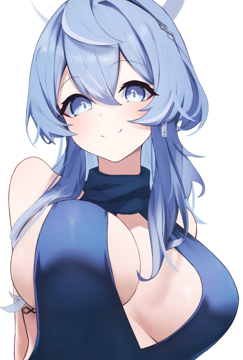 1girl absurdres ako_(blue_archive) ako_(dress)_(blue_archive) bare_shoulders blue_archive blue_dress blue_eyes blue_hair breasts closed_mouth dress earrings eyes_visible_through_hair grey_halo hair_between_eyes hair_over_shoulder halo highres jewelry large_breasts light_blush long_hair looking_at_viewer official_alternate_costume plunging_neckline revealing_clothes sidelocks simple_background sleeveless smile solo split_mouth turtleneck upper_body white_background worimehl