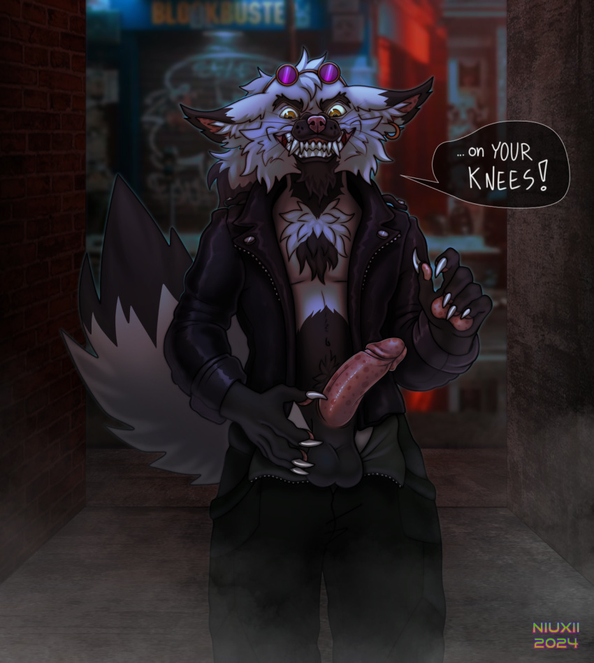 alley anthro balls canid canine city creepy dark fluffy fluffy_tail fox genitals hi_res humanoid_genitalia humanoid_penis male mammal niuxii penis presenting solo tail teeth_showing wasylthefox