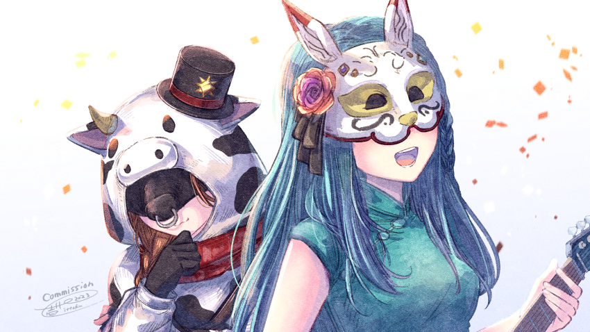 2girls :d animal_costume animal_ears black_gloves black_headwear blue_dress blue_hair braid breasts brown_hair china_dress chinese_clothes closed_mouth commission copyright_request cow_costume cow_ears cow_hood cow_horns dress eye_mask facing_viewer fake_animal_ears fake_horns flower gloves gradient_background grey_background hat highres holding holding_instrument hood hood_up horns instrument ittokyu long_hair medium_breasts mini_hat mini_top_hat multiple_girls red_flower red_rose rose signature sleeveless sleeveless_dress smile tilted_headwear top_hat upper_body very_long_hair virtual_youtuber white_background