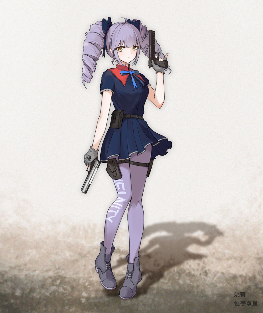 1girl absurdres belt_pouch blue_bow blue_dress blunt_bangs bow brown_eyes closed_mouth collar commentary_request dress drill_hair full_body girls'_frontline grey_footwear gun hair_bow highres holding holding_gun holding_weapon holster looking_at_viewer original pantyhose pouch purple_hair purple_pantyhose red_collar sakatakin shadow simple_background solo thigh_holster twin_drills weapon weapon_request