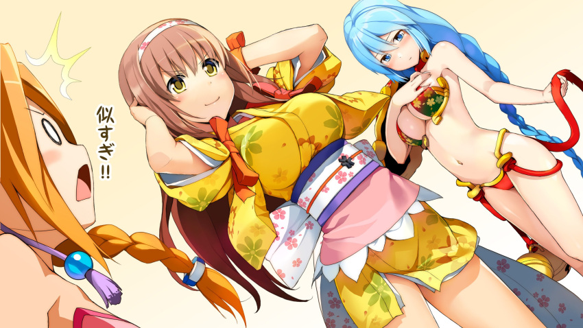 bare_shoulders blue_eyes blue_hair blush bra braid breasts brown_hair cb2_official cosmic_break cosmic_break_2 fiona_(cosmic_break) hairband hand_on_own_chest highres japanese_clothes kimono large_breasts long_hair multiple_girls navel onigiri_(mmorpg) open_mouth orange_hair panties rouche sakura_(cosmic_break) sakura_(onigiri) sash short_kimono single_braid smile underwear very_long_hair yellow_eyes