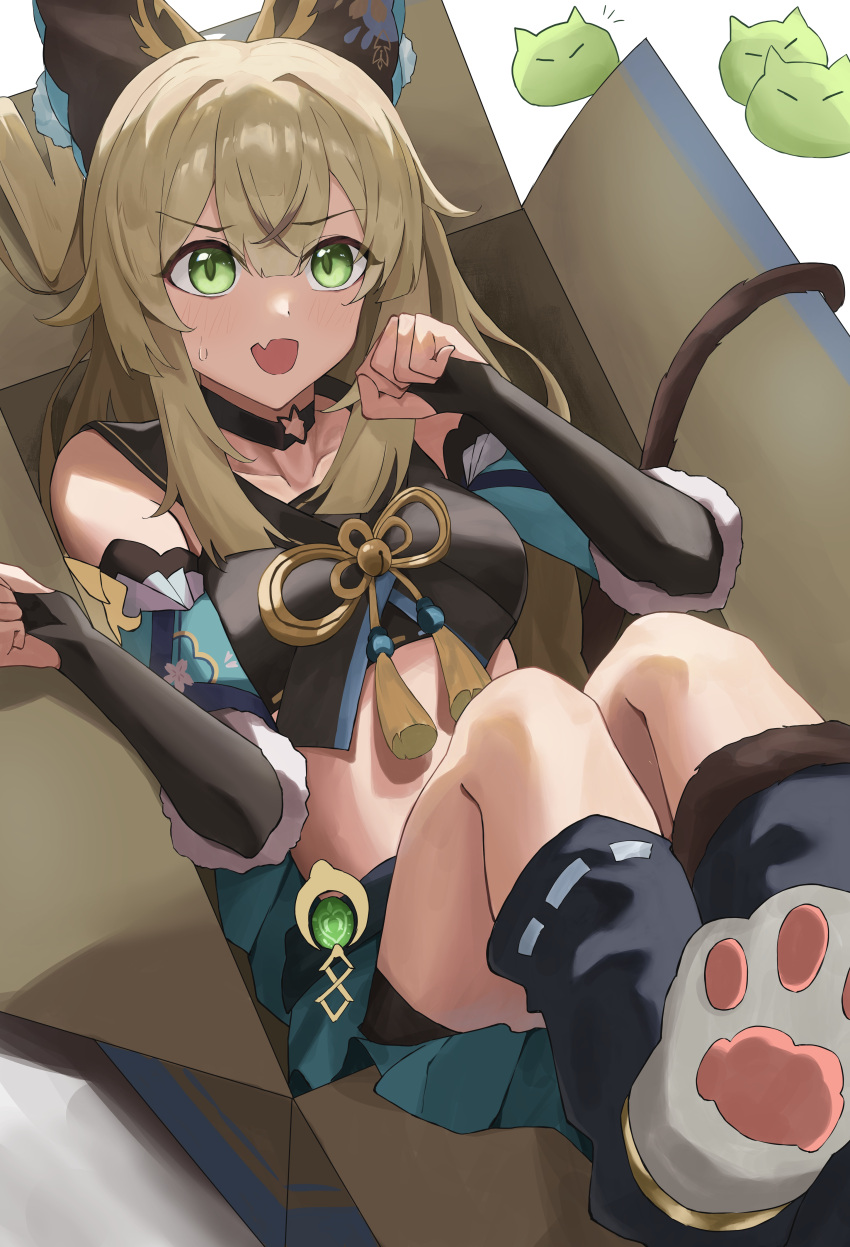 1girl absurdres animal_ears black_choker blonde_hair box breasts cardboard_box cat_ears choker commentary_request crop_top detached_sleeves fang genshin_impact green_eyes hair_between_eyes higashiwun_izumi highres in_box in_container kirara_(genshin_impact) leg_warmers long_hair long_sleeves medium_breasts midriff open_mouth skin_fang solo stomach
