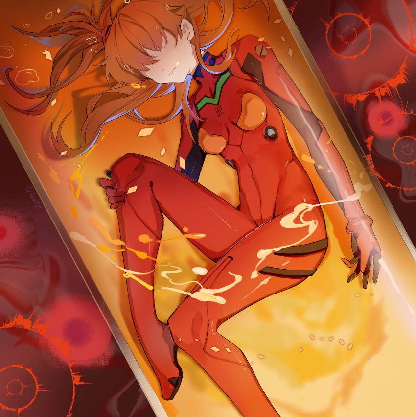 1girl abstract_background absurdres air_bubble bodysuit bubble covered_navel dutch_angle expressionless facing_viewer foot_out_of_frame from_side hair_spread_out hairpods hand_on_own_knee highres interface_headset knee_up lcl liangacute long_hair neon_genesis_evangelion no_eyes orange_hair pilot_suit plugsuit red_bodysuit signature solo souryuu_asuka_langley submerged two_side_up