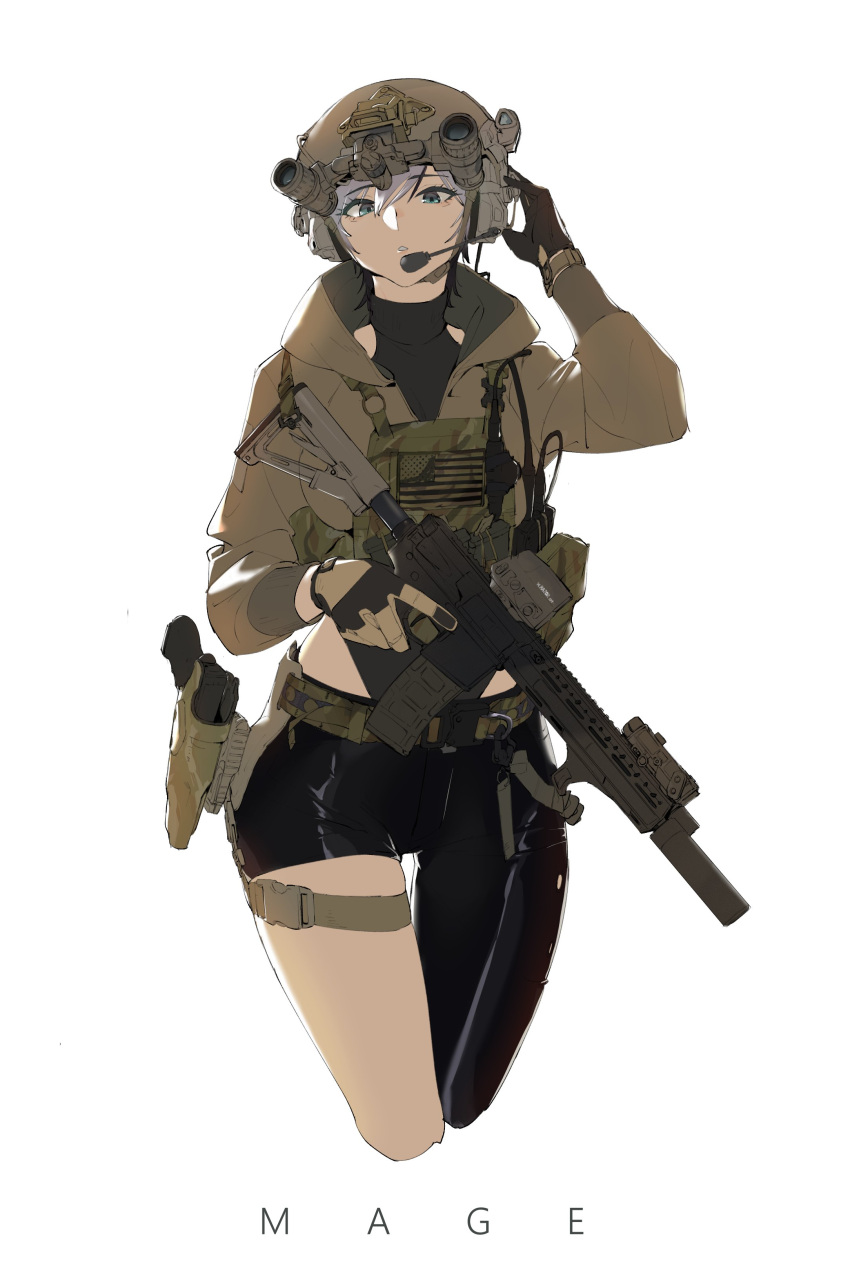 1girl absurdres american_flag aqua_eyes assault_rifle asymmetrical_clothes black_gloves black_pants brown_gloves brown_headwear brown_jacket ear_protection gloves gun hand_up handgun helmet highres holstered jacket laser_sight long_sleeves looking_at_viewer m4_carbine military_operator night_vision_device original pants parted_lips pen_guin15 plate_carrier rifle short_hair simple_background single_pantsleg solo thigh_strap trigger_discipline two-tone_gloves weapon white_background white_hair