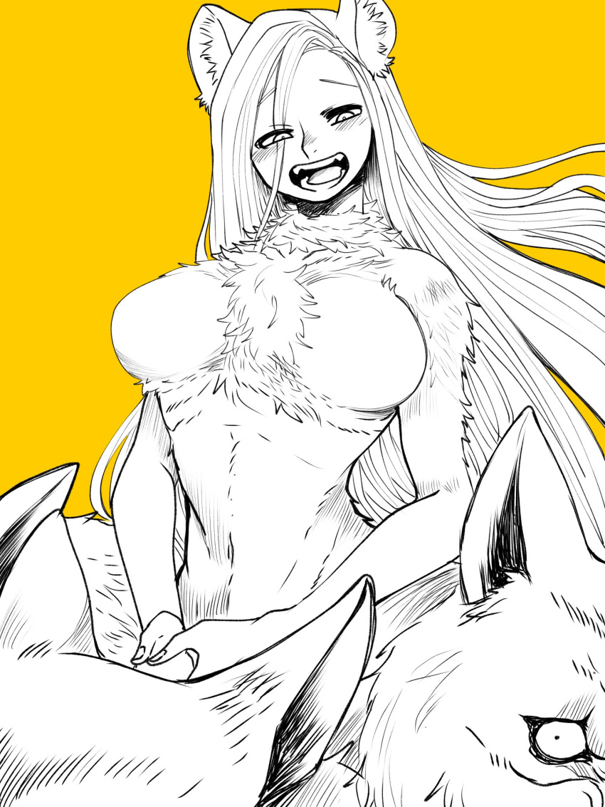 1girl animal_ear_fluff animal_ears blush body_fur breasts completely_nude dungeon_meshi fangs floating_hair from_below greyscale_with_colored_background hair_over_one_eye highres large_breasts long_hair looking_at_viewer looking_down marcille_donato moku_(2017.07) monster_girl multiple_heads nude open_mouth own_hands_together simple_background sketch solo spoilers succubus_(dungeon_meshi) upper_body very_long_hair wolf yellow_background