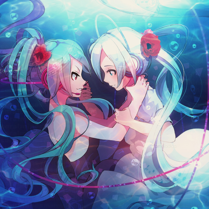 album_cover aqua_hair blue_eyes blue_hair bubble commentary cover dark_persona dual_persona evil_smile flower hair_flower hair_ornament hatsune_miku headset highres long_hair marmalade_(elfless_vanilla) multiple_girls red_eyes smile strangling textless underwater very_long_hair vocaloid