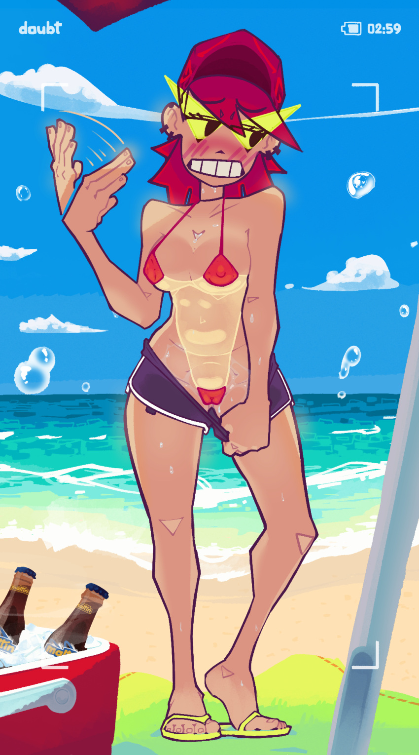 1girl beach blush breasts cloud doubt_(thedo_ubt) foster's_home_for_imaginary_friends frankie_foster full_body hat highres navel nipples ocean outdoors red_hair sand sandals shorts sky solo summer sweat swimsuit
