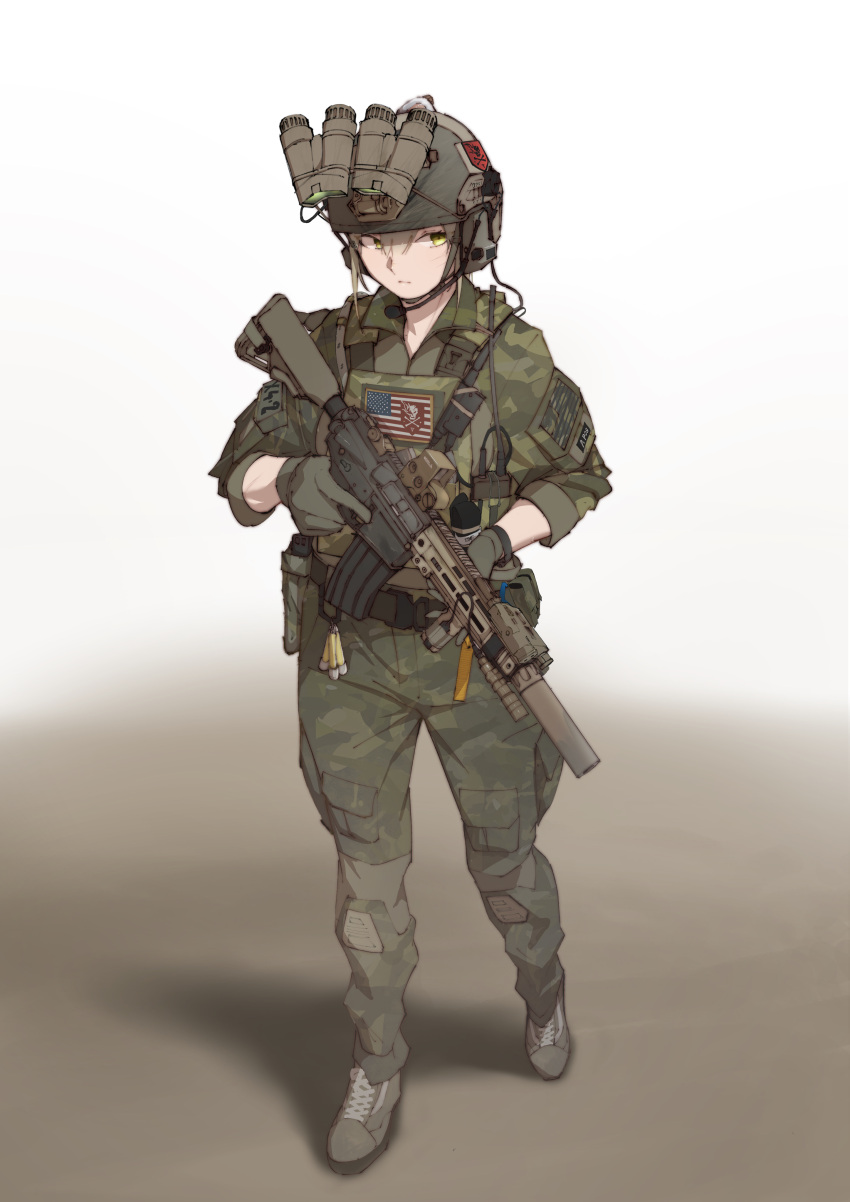 1girl absurdres american_flag ammunition_belt assault_rifle blonde_hair brown_footwear camouflage ear_protection flashlight full_body glowstick gun helmet highres holding holding_weapon laser_sight load_bearing_vest looking_to_the_side m4_carbine military military_uniform night_vision_device original pen_guin15 radio rifle short_hair sleeves_rolled_up solo suppressor trigger_discipline uniform weapon white_background yellow_eyes