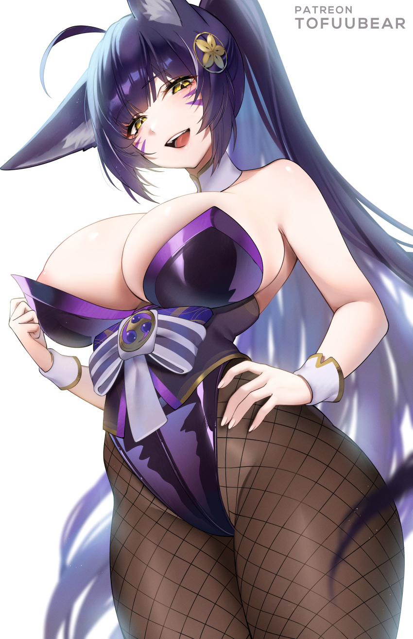 1girl :d absurdres animal_ears azur_lane bare_shoulders black_pantyhose blush breasts cowboy_shot facial_mark fox_ears fox_girl hand_on_own_hip highres large_breasts leotard long_hair looking_at_viewer musashi_(azur_lane) open_mouth pantyhose patreon_username ponytail purple_hair purple_leotard simple_background smile solo thighs tofuubear white_background yellow_eyes