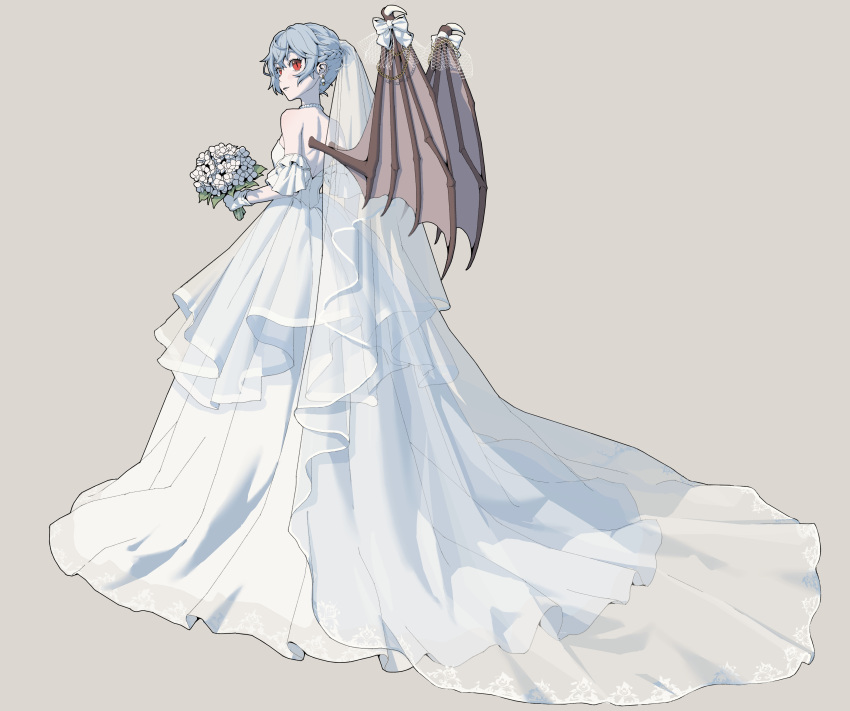 1girl absurdres alternate_costume backless_dress backless_outfit bare_shoulders bat_wings blue_hair bouquet bridal_veil dress earrings flower from_side grey_background highres holding holding_bouquet jewelry long_dress looking_at_viewer necklace pale_skin pearl_necklace red_eyes remilia_scarlet short_hair slit_pupils solo touhou veil wedding_dress white_flower wing_ribbon wings youpofen