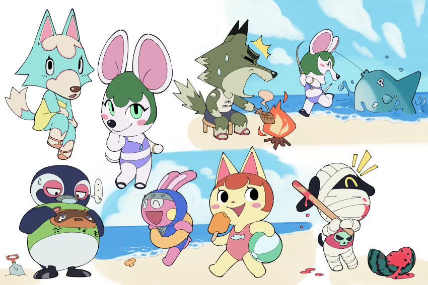 ... 3girls 4boys :d :o ^^^ ^_^ animal_crossing animal_print ball bandages bandaid bandaid_on_arm beach beachball bikini black_eyes black_footwear blue_shorts blue_sky blush blush_stickers bracelet bree_(animal_crossing) brown_hair cat_girl character_print closed_eyes closed_mouth cloud commentary_request day dobie_(animal_crossing) dog_boy dress felicity_(animal_crossing) fire fish fish_(food) fish_print fishing fishing_rod food fruit furry furry_female furry_male green_dress green_eyes green_hair green_shirt highres holding holding_ball holding_fishing_rod holding_food holding_popsicle holding_stick hood hood_up innertube jewelry jitome looking_at_viewer looking_down looking_to_the_side luaudrey lucky_(animal_crossing) mouse_girl multiple_boys multiple_girls multiple_views notice_lines ocean on_stool one-piece_swimsuit one_eye_covered open_mouth penguin_boy pink_one-piece_swimsuit popsicle purple_bikini rabbit_boy red_footwear red_shirt roasting running sand sandals seashell shell shirt short_hair shorts simple_background sitting skull_print sky skye_(animal_crossing) sleeveless sleeveless_shirt smile snake_(animal_crossing) speech_bubble spoken_ellipsis stick stool strapless strapless_dress suikawari sunfish surprised sweatdrop swim_ring swimsuit tank_top tex_(animal_crossing) tom_nook_(animal_crossing) trowel water watermelon white_background white_tank_top wolf_boy wolf_girl yellow_innertube